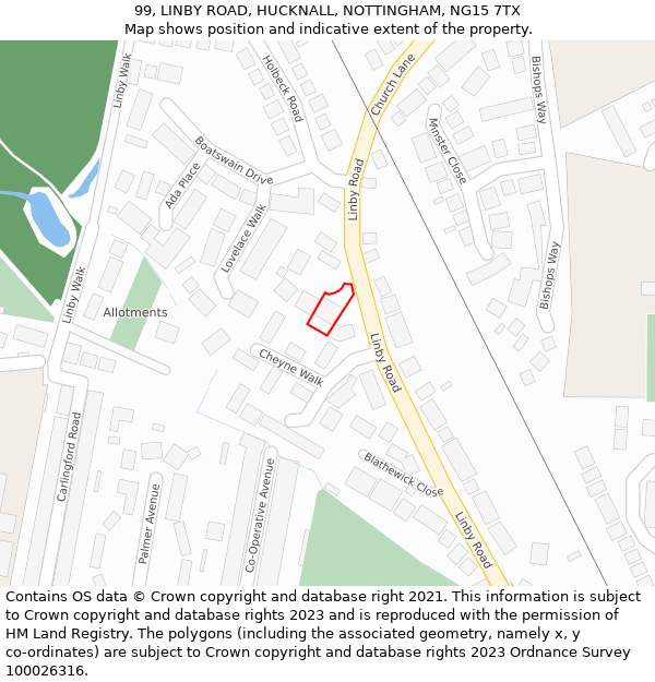 99, LINBY ROAD, HUCKNALL, NOTTINGHAM, NG15 7TX: Location map and indicative extent of plot