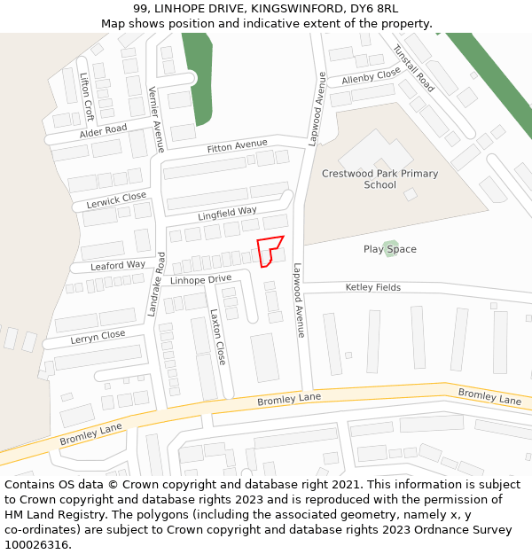 99, LINHOPE DRIVE, KINGSWINFORD, DY6 8RL: Location map and indicative extent of plot