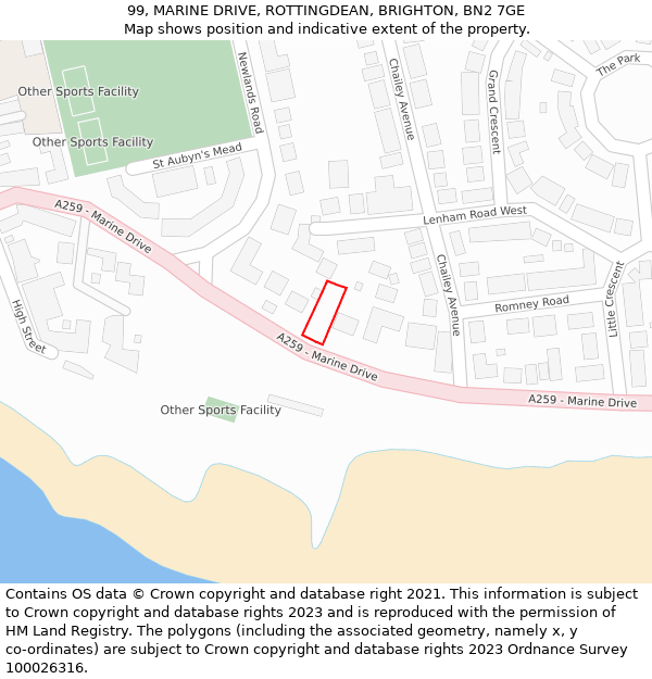 99, MARINE DRIVE, ROTTINGDEAN, BRIGHTON, BN2 7GE: Location map and indicative extent of plot