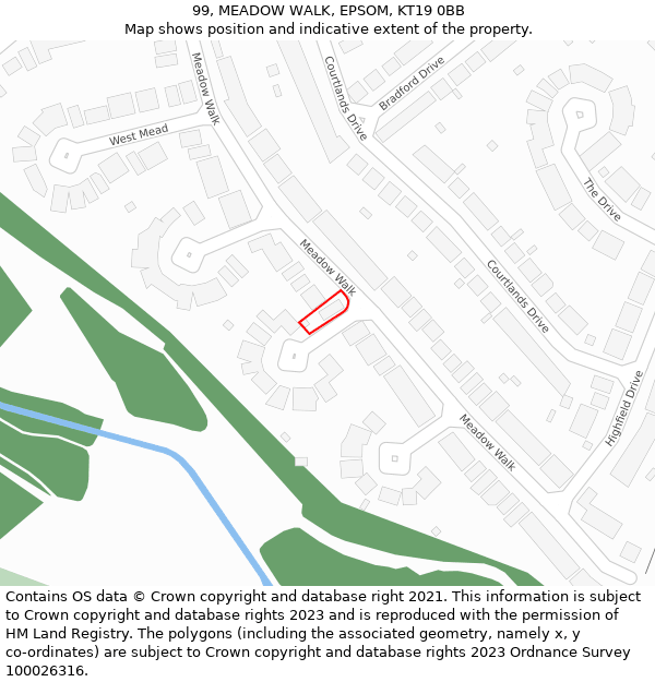 99, MEADOW WALK, EPSOM, KT19 0BB: Location map and indicative extent of plot