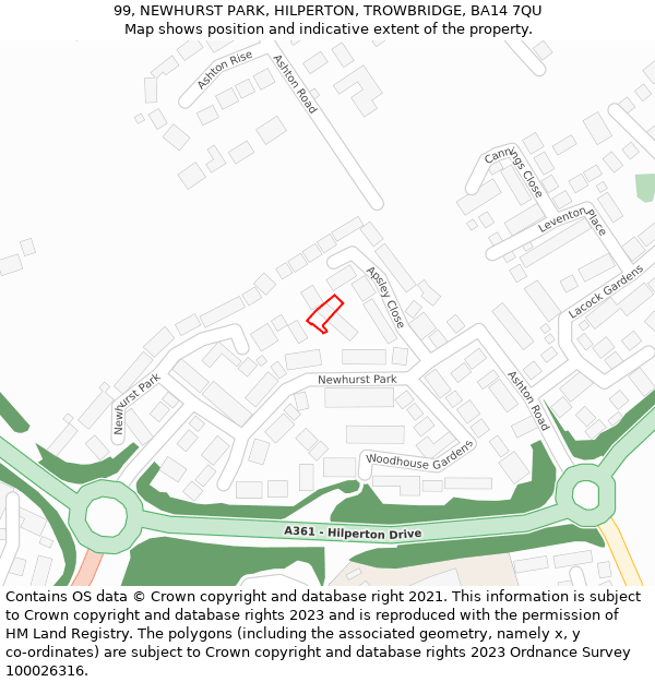 99, NEWHURST PARK, HILPERTON, TROWBRIDGE, BA14 7QU: Location map and indicative extent of plot