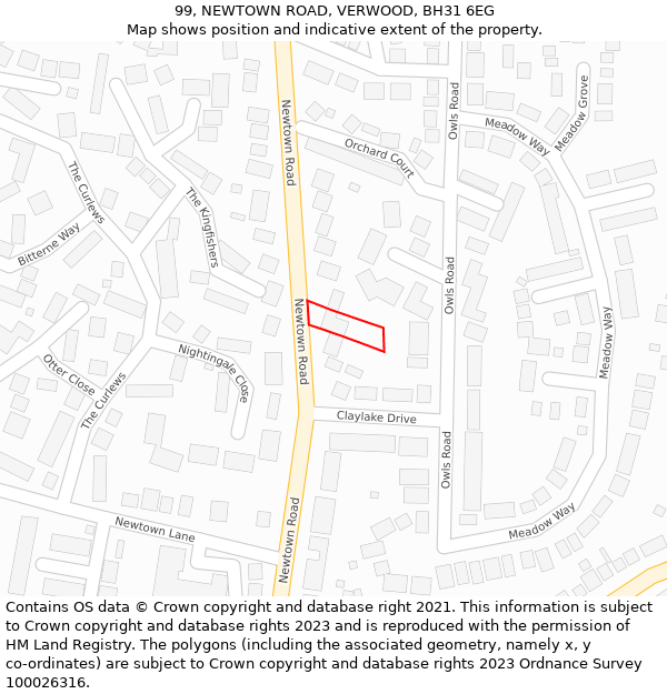 99, NEWTOWN ROAD, VERWOOD, BH31 6EG: Location map and indicative extent of plot