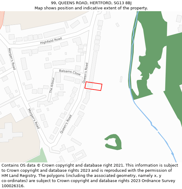 99, QUEENS ROAD, HERTFORD, SG13 8BJ: Location map and indicative extent of plot