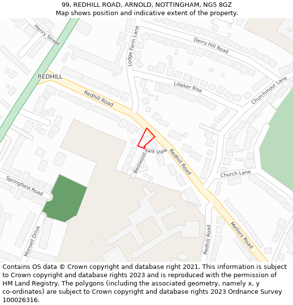 99, REDHILL ROAD, ARNOLD, NOTTINGHAM, NG5 8GZ: Location map and indicative extent of plot