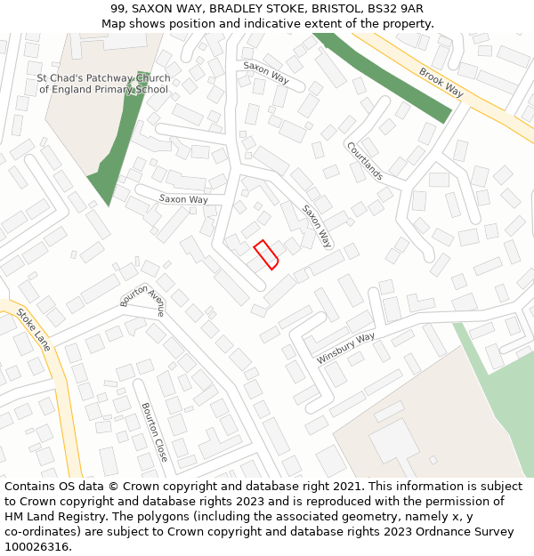 99, SAXON WAY, BRADLEY STOKE, BRISTOL, BS32 9AR: Location map and indicative extent of plot