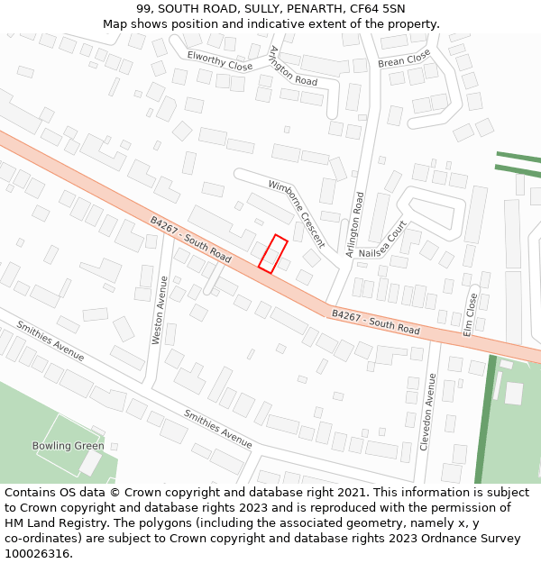 99, SOUTH ROAD, SULLY, PENARTH, CF64 5SN: Location map and indicative extent of plot