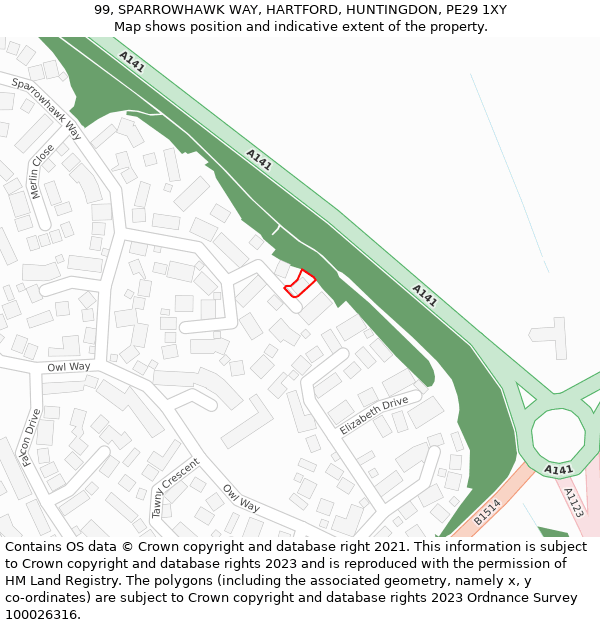 99, SPARROWHAWK WAY, HARTFORD, HUNTINGDON, PE29 1XY: Location map and indicative extent of plot