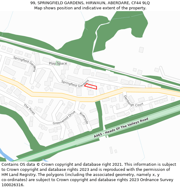 99, SPRINGFIELD GARDENS, HIRWAUN, ABERDARE, CF44 9LQ: Location map and indicative extent of plot