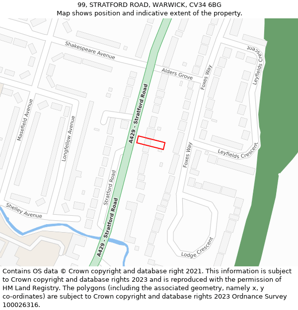 99, STRATFORD ROAD, WARWICK, CV34 6BG: Location map and indicative extent of plot