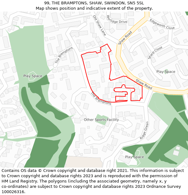 99, THE BRAMPTONS, SHAW, SWINDON, SN5 5SL: Location map and indicative extent of plot