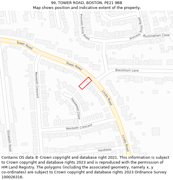 99, TOWER ROAD, BOSTON, PE21 9BB: Location map and indicative extent of plot