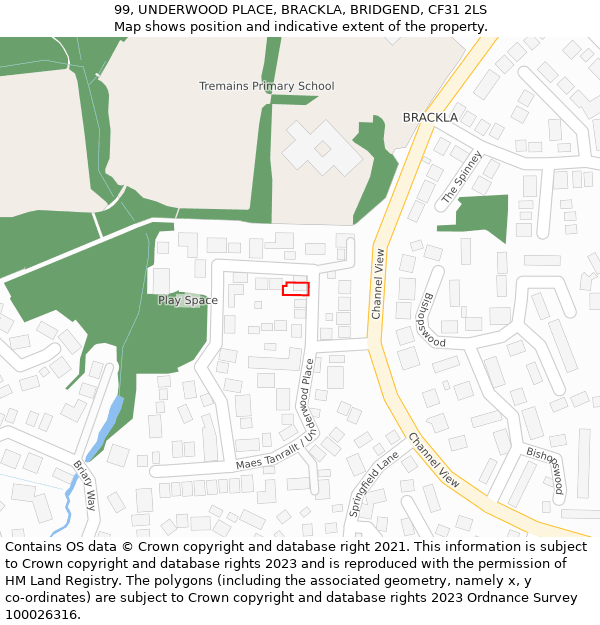 99, UNDERWOOD PLACE, BRACKLA, BRIDGEND, CF31 2LS: Location map and indicative extent of plot