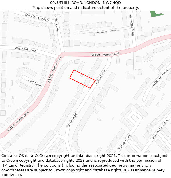 99, UPHILL ROAD, LONDON, NW7 4QD: Location map and indicative extent of plot