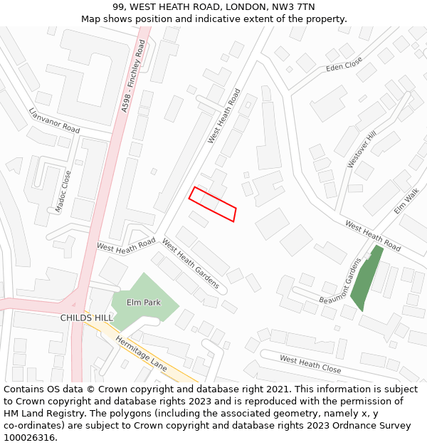 99, WEST HEATH ROAD, LONDON, NW3 7TN: Location map and indicative extent of plot