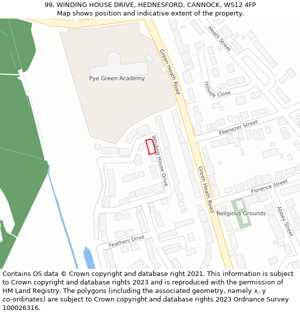 99, WINDING HOUSE DRIVE, HEDNESFORD, CANNOCK, WS12 4FP: Location map and indicative extent of plot