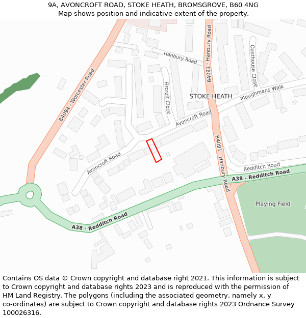 9A, AVONCROFT ROAD, STOKE HEATH, BROMSGROVE, B60 4NG: Location map and indicative extent of plot