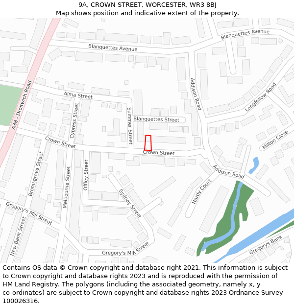 9A, CROWN STREET, WORCESTER, WR3 8BJ: Location map and indicative extent of plot