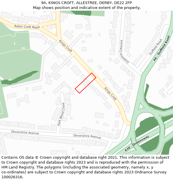 9A, KINGS CROFT, ALLESTREE, DERBY, DE22 2FP: Location map and indicative extent of plot