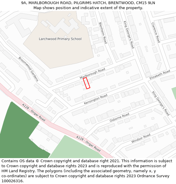 9A, MARLBOROUGH ROAD, PILGRIMS HATCH, BRENTWOOD, CM15 9LN: Location map and indicative extent of plot