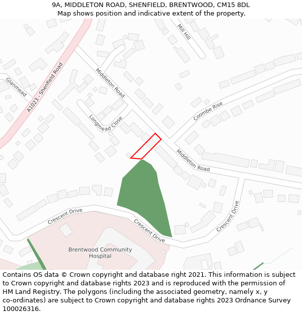 9A, MIDDLETON ROAD, SHENFIELD, BRENTWOOD, CM15 8DL: Location map and indicative extent of plot