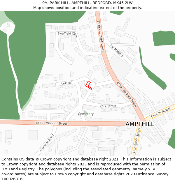 9A, PARK HILL, AMPTHILL, BEDFORD, MK45 2LW: Location map and indicative extent of plot