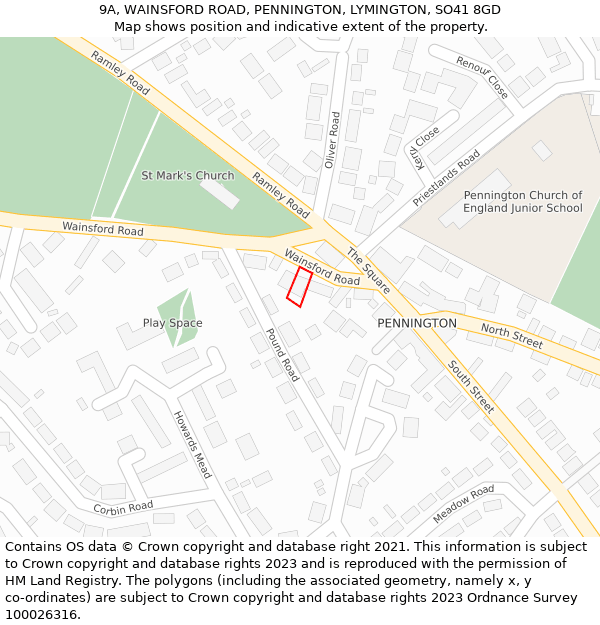 9A, WAINSFORD ROAD, PENNINGTON, LYMINGTON, SO41 8GD: Location map and indicative extent of plot