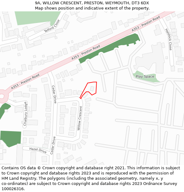 9A, WILLOW CRESCENT, PRESTON, WEYMOUTH, DT3 6DX: Location map and indicative extent of plot