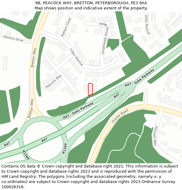 9B, PEACOCK WAY, BRETTON, PETERBOROUGH, PE3 9AA: Location map and indicative extent of plot