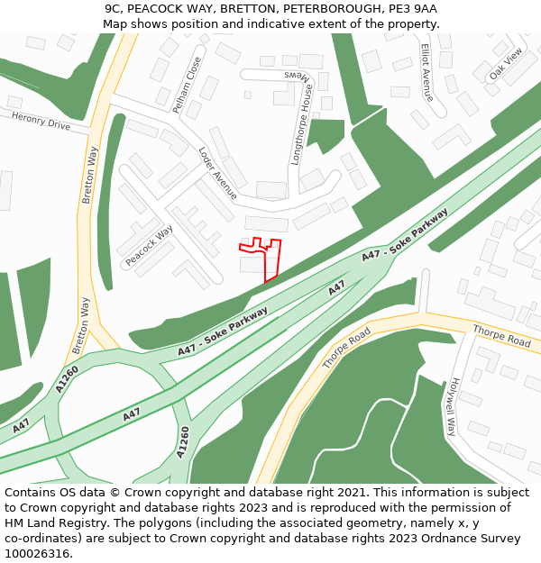 9C, PEACOCK WAY, BRETTON, PETERBOROUGH, PE3 9AA: Location map and indicative extent of plot