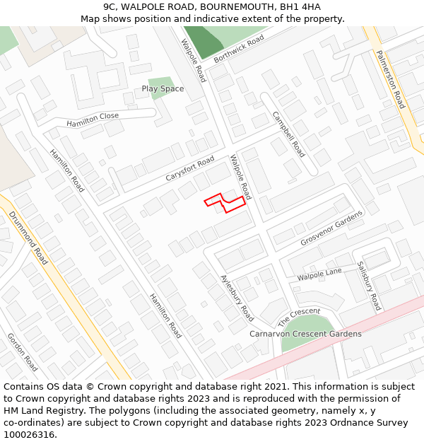 9C, WALPOLE ROAD, BOURNEMOUTH, BH1 4HA: Location map and indicative extent of plot