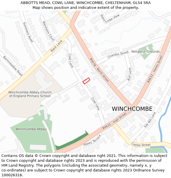 ABBOTTS MEAD, COWL LANE, WINCHCOMBE, CHELTENHAM, GL54 5RA: Location map and indicative extent of plot