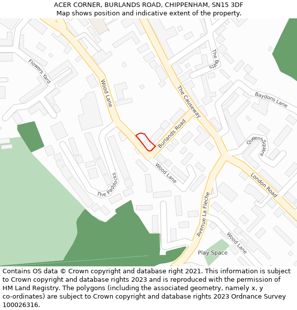 ACER CORNER, BURLANDS ROAD, CHIPPENHAM, SN15 3DF: Location map and indicative extent of plot