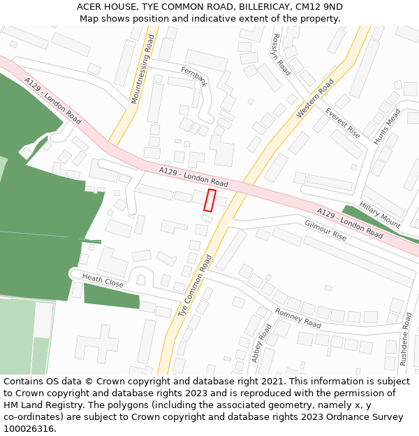 ACER HOUSE, TYE COMMON ROAD, BILLERICAY, CM12 9ND: Location map and indicative extent of plot