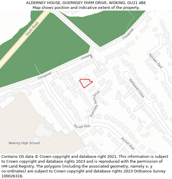 ALDERNEY HOUSE, GUERNSEY FARM DRIVE, WOKING, GU21 4BE: Location map and indicative extent of plot