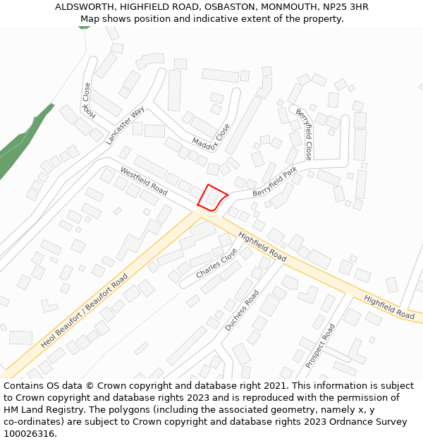 ALDSWORTH, HIGHFIELD ROAD, OSBASTON, MONMOUTH, NP25 3HR: Location map and indicative extent of plot