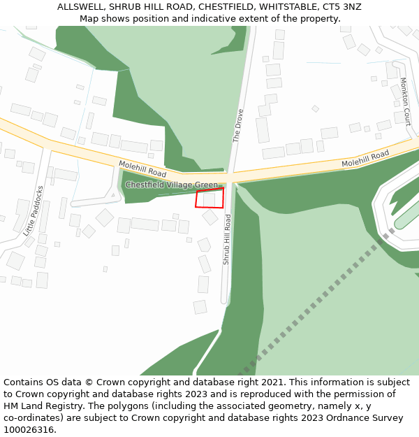 ALLSWELL, SHRUB HILL ROAD, CHESTFIELD, WHITSTABLE, CT5 3NZ: Location map and indicative extent of plot