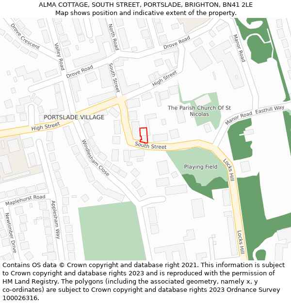 ALMA COTTAGE, SOUTH STREET, PORTSLADE, BRIGHTON, BN41 2LE: Location map and indicative extent of plot
