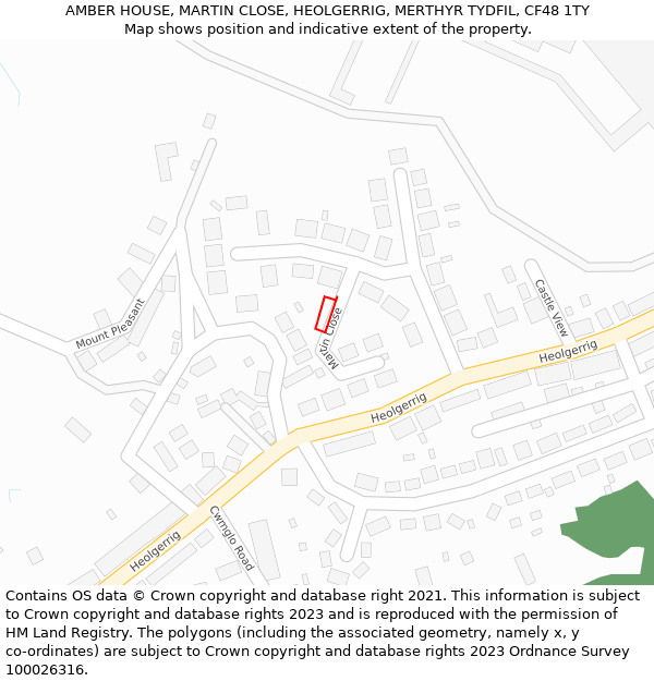 AMBER HOUSE, MARTIN CLOSE, HEOLGERRIG, MERTHYR TYDFIL, CF48 1TY: Location map and indicative extent of plot