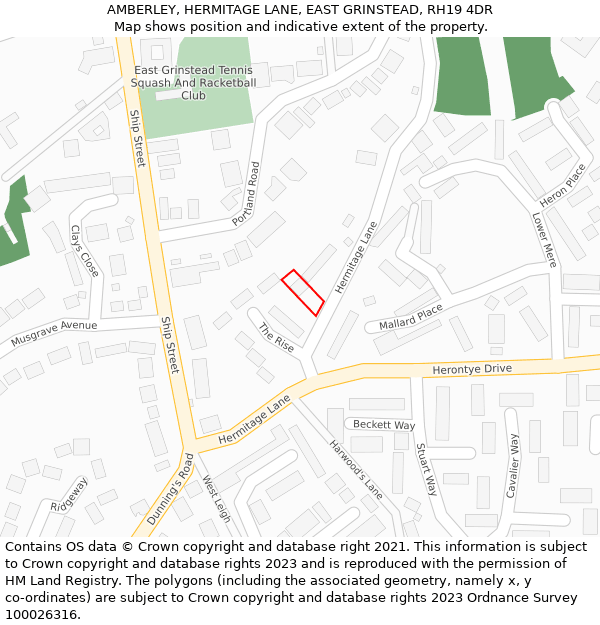 AMBERLEY, HERMITAGE LANE, EAST GRINSTEAD, RH19 4DR: Location map and indicative extent of plot