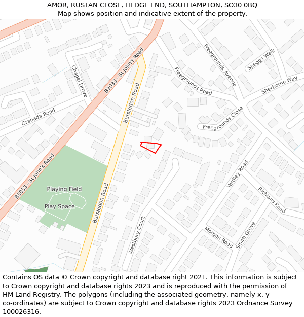 AMOR, RUSTAN CLOSE, HEDGE END, SOUTHAMPTON, SO30 0BQ: Location map and indicative extent of plot