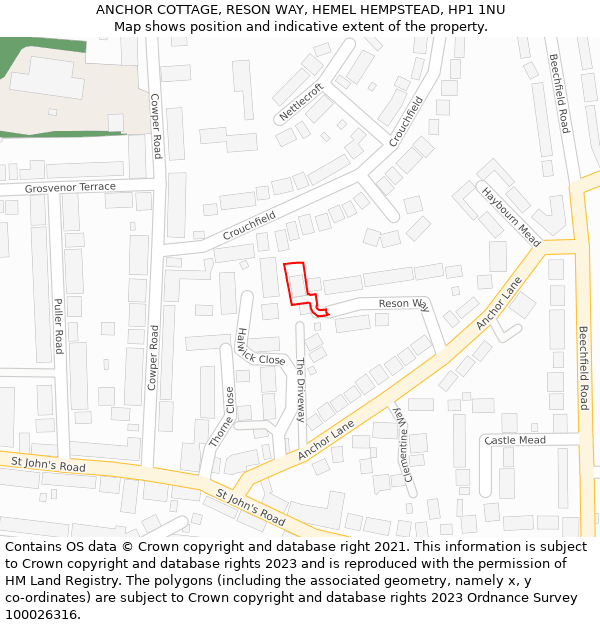 ANCHOR COTTAGE, RESON WAY, HEMEL HEMPSTEAD, HP1 1NU: Location map and indicative extent of plot