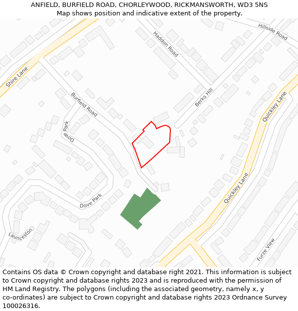 ANFIELD, BURFIELD ROAD, CHORLEYWOOD, RICKMANSWORTH, WD3 5NS: Location map and indicative extent of plot
