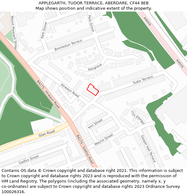 APPLEGARTH, TUDOR TERRACE, ABERDARE, CF44 8EB: Location map and indicative extent of plot