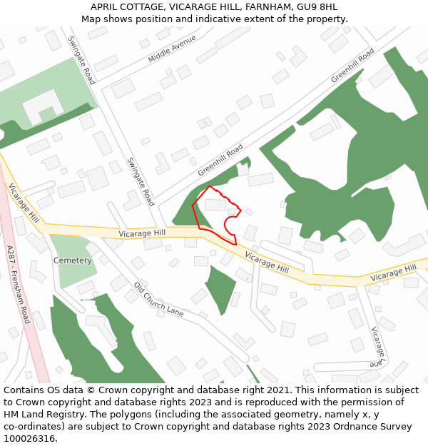 APRIL COTTAGE, VICARAGE HILL, FARNHAM, GU9 8HL: Location map and indicative extent of plot