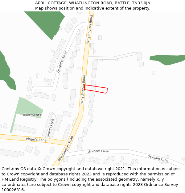 APRIL COTTAGE, WHATLINGTON ROAD, BATTLE, TN33 0JN: Location map and indicative extent of plot