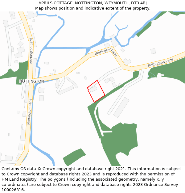 APRILS COTTAGE, NOTTINGTON, WEYMOUTH, DT3 4BJ: Location map and indicative extent of plot