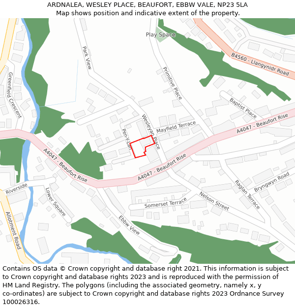 ARDNALEA, WESLEY PLACE, BEAUFORT, EBBW VALE, NP23 5LA: Location map and indicative extent of plot