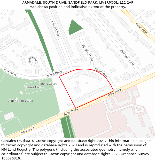 ARMADALE, SOUTH DRIVE, SANDFIELD PARK, LIVERPOOL, L12 2AF: Location map and indicative extent of plot