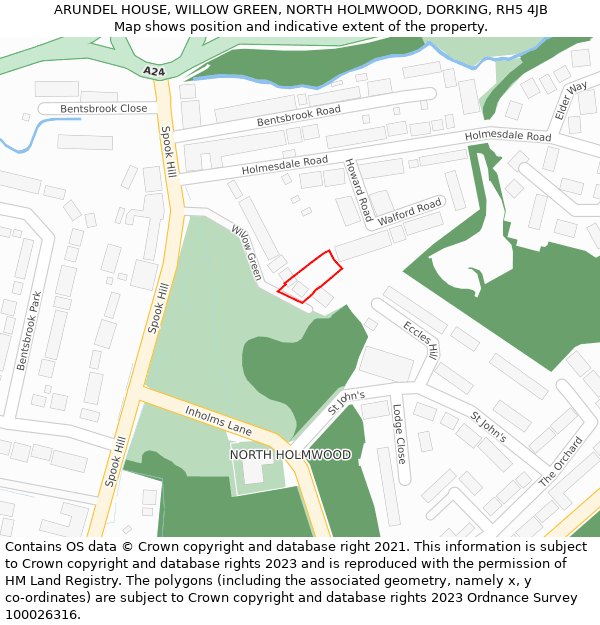 ARUNDEL HOUSE, WILLOW GREEN, NORTH HOLMWOOD, DORKING, RH5 4JB: Location map and indicative extent of plot