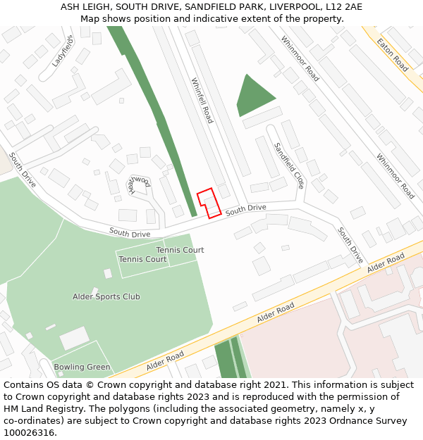 ASH LEIGH, SOUTH DRIVE, SANDFIELD PARK, LIVERPOOL, L12 2AE: Location map and indicative extent of plot